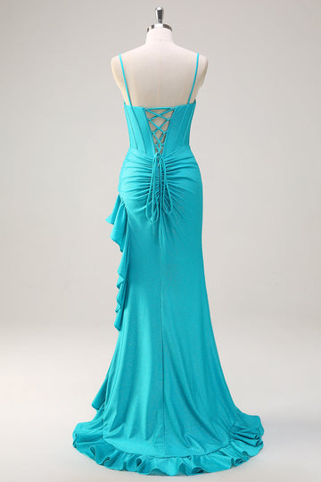 Blu Spaghetti Straps sirena in rilievo corsetto lungo Abito da cerimonia con fessura a balze